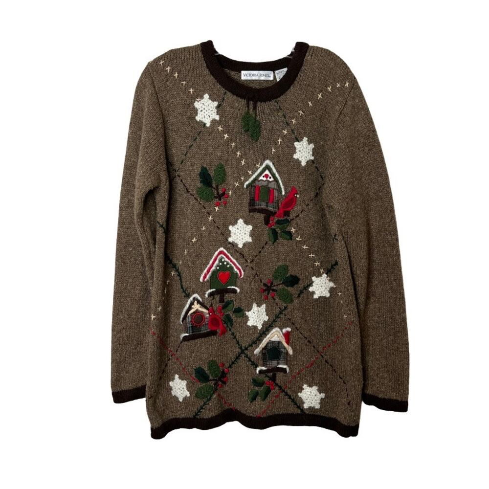 Victoria Jones Embroidered BirdHouse Crochet Wool Blend Knit Sweater Brown Large